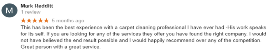Picture of the review left by the client on google after cleaning his carpets 